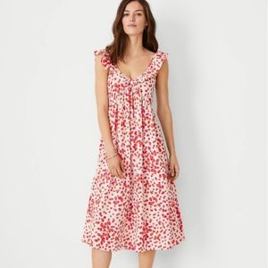 Strawberry Linen Blend Ruffle Sleeve Flare Midi Dress-NWT-Size 14